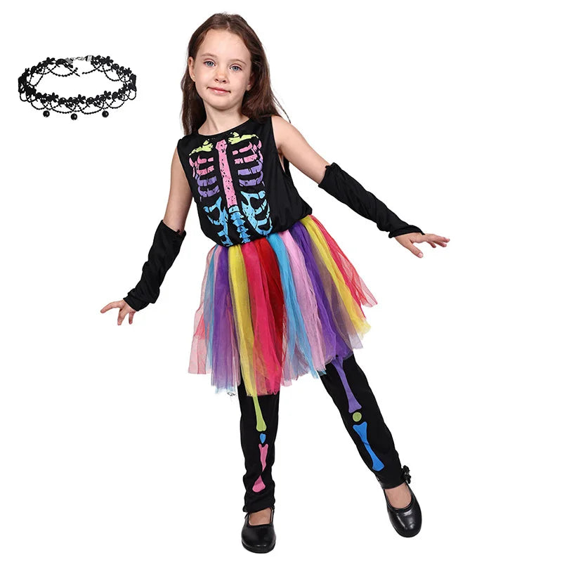 Kids Colorful Skeleton Tutu Costume Set Halloween Cosplay