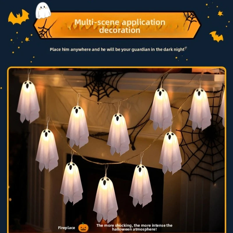 2m Halloween Glowing Scream Ghost Pendant 10Pcs LED String Lights Ghost Festival Atmosphere Scene Layout Decoration Props
