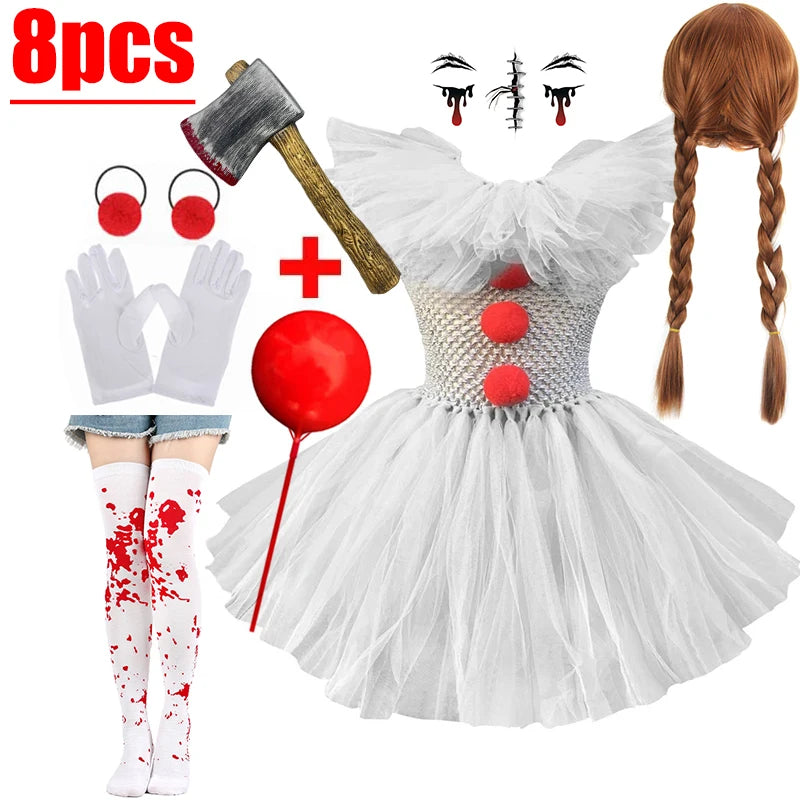 Kids Scary Clown Tutu Dress Costume Halloween Cosplay