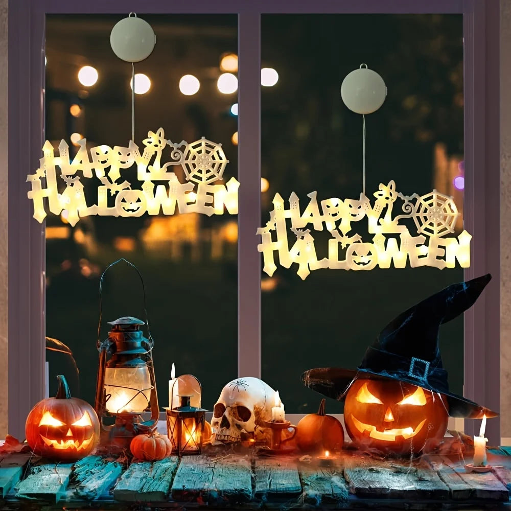 Happy Halloween Hanging Window Light Bat Spider Web Pumpkin LED Suction Cup Lamp Party Decor
