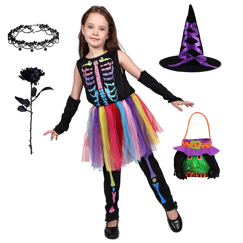 Kids Colorful Skeleton Tutu Costume Set Halloween Cosplay