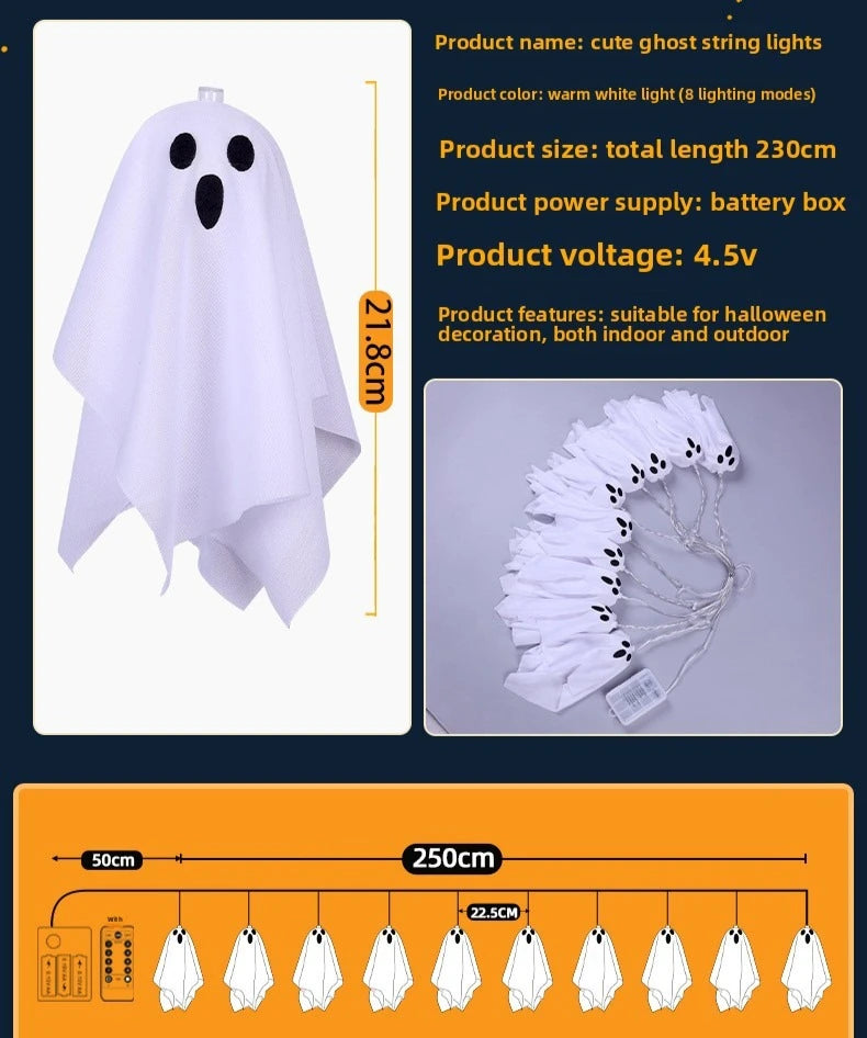 2m Halloween Glowing Scream Ghost Pendant 10Pcs LED String Lights Ghost Festival Atmosphere Scene Layout Decoration Props