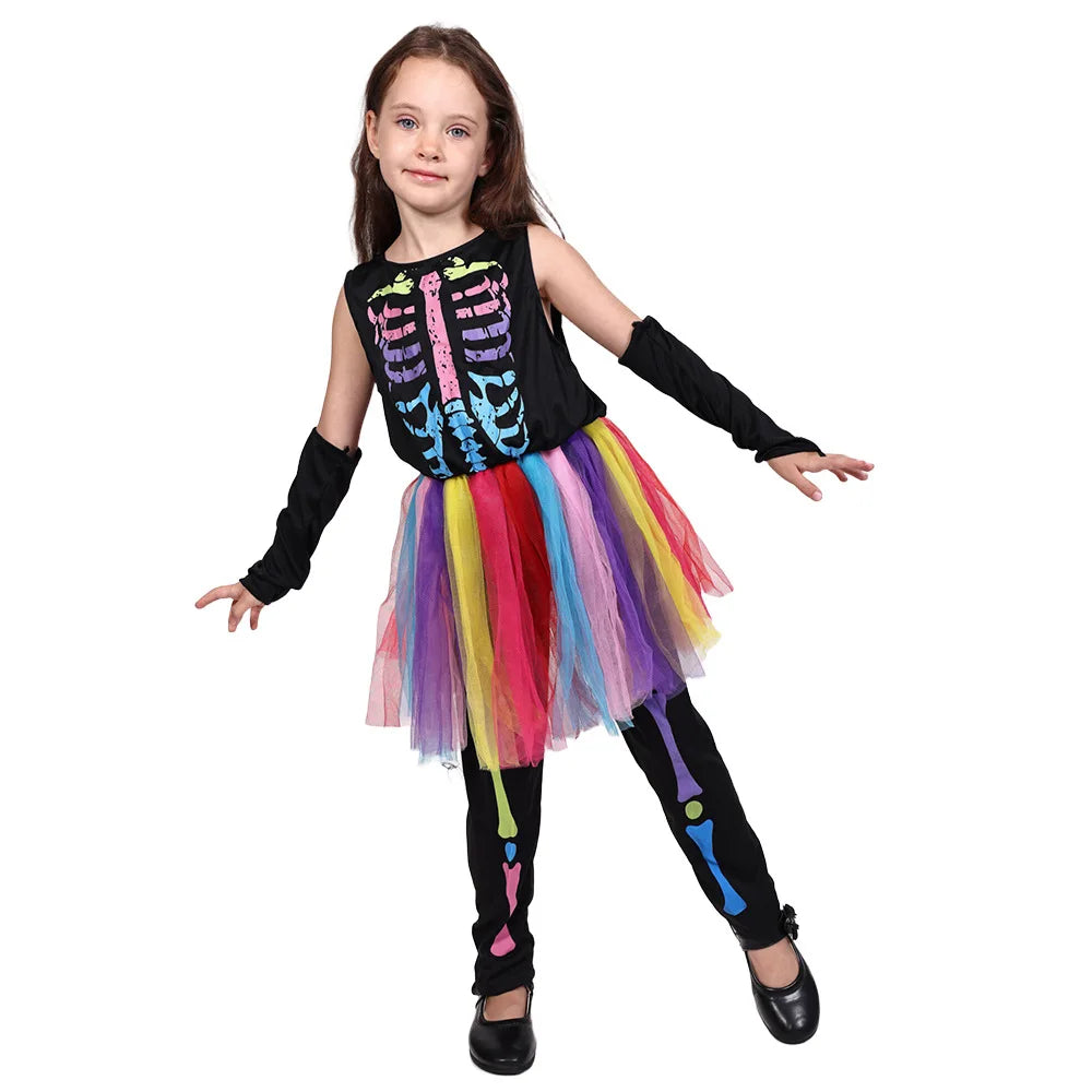 Kids Colorful Skeleton Tutu Costume Set Halloween Cosplay