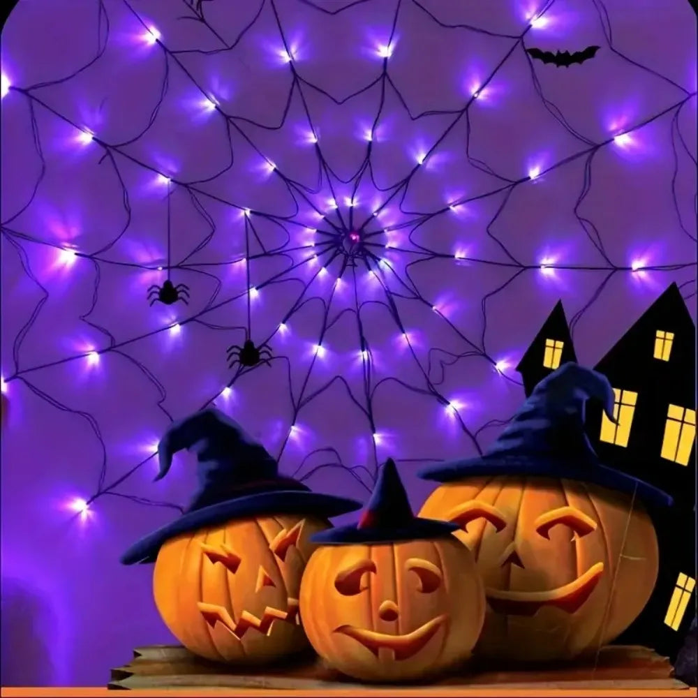 70 LED Spider Web String Lights Plush Spider Halloween Cosplay