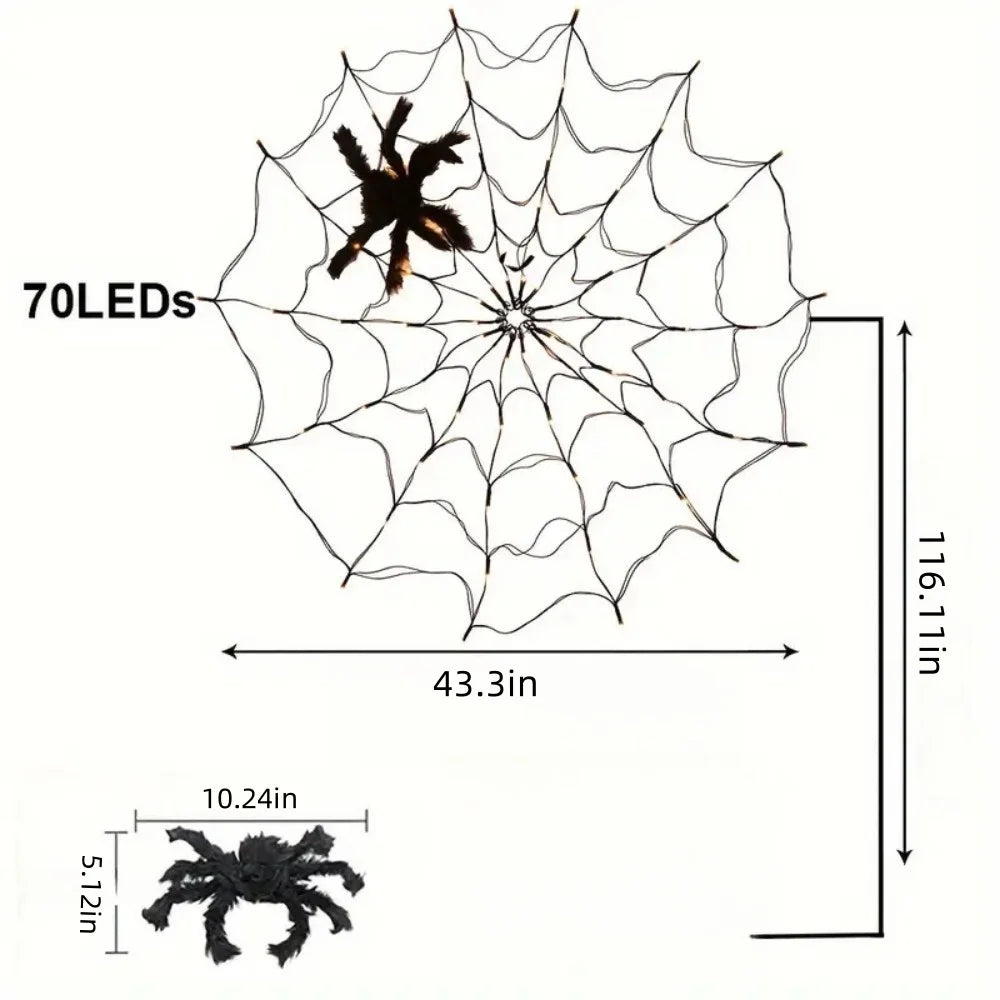 70 LED Spider Web String Lights Plush Spider Halloween Cosplay
