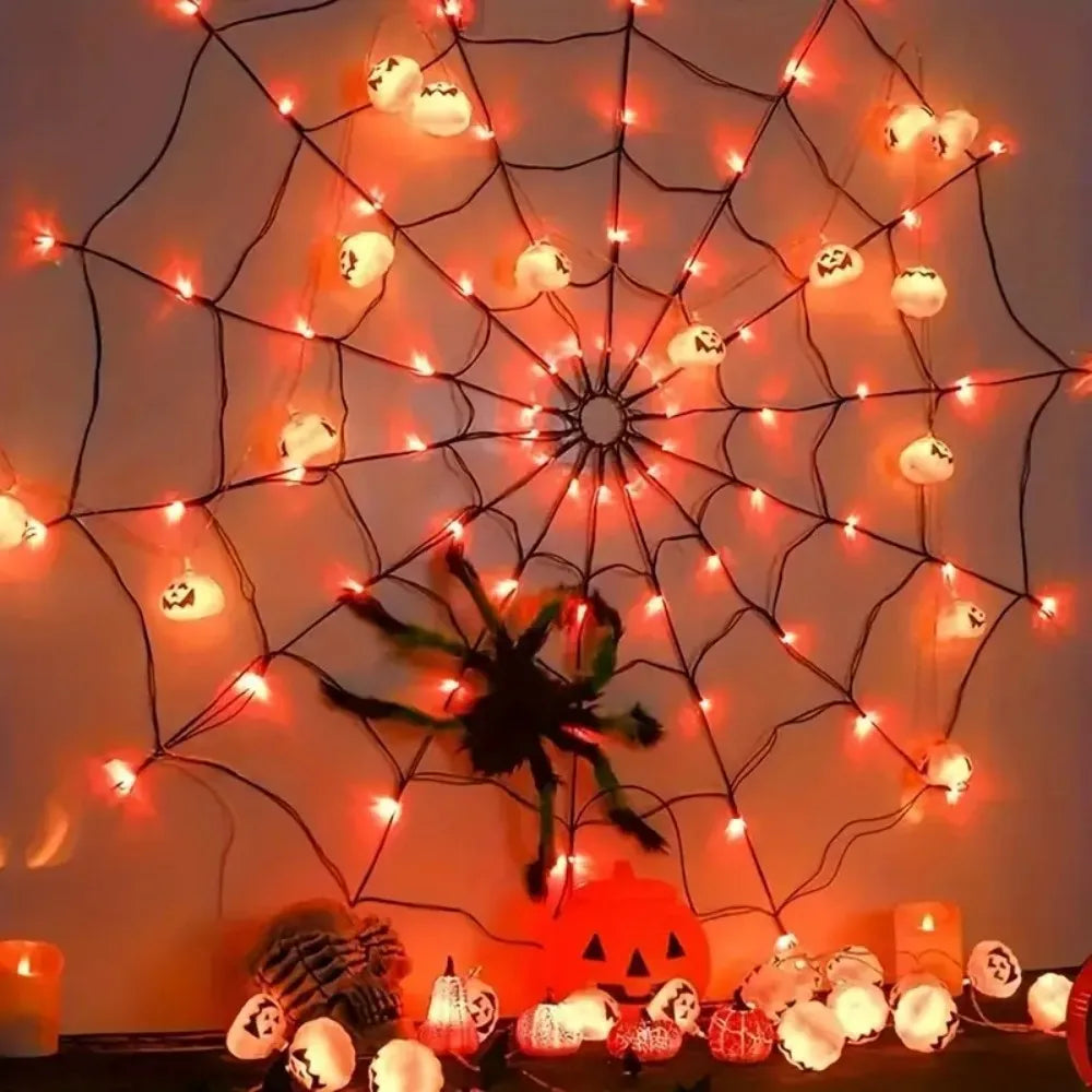 70 LED Spider Web String Lights Plush Spider Halloween Cosplay