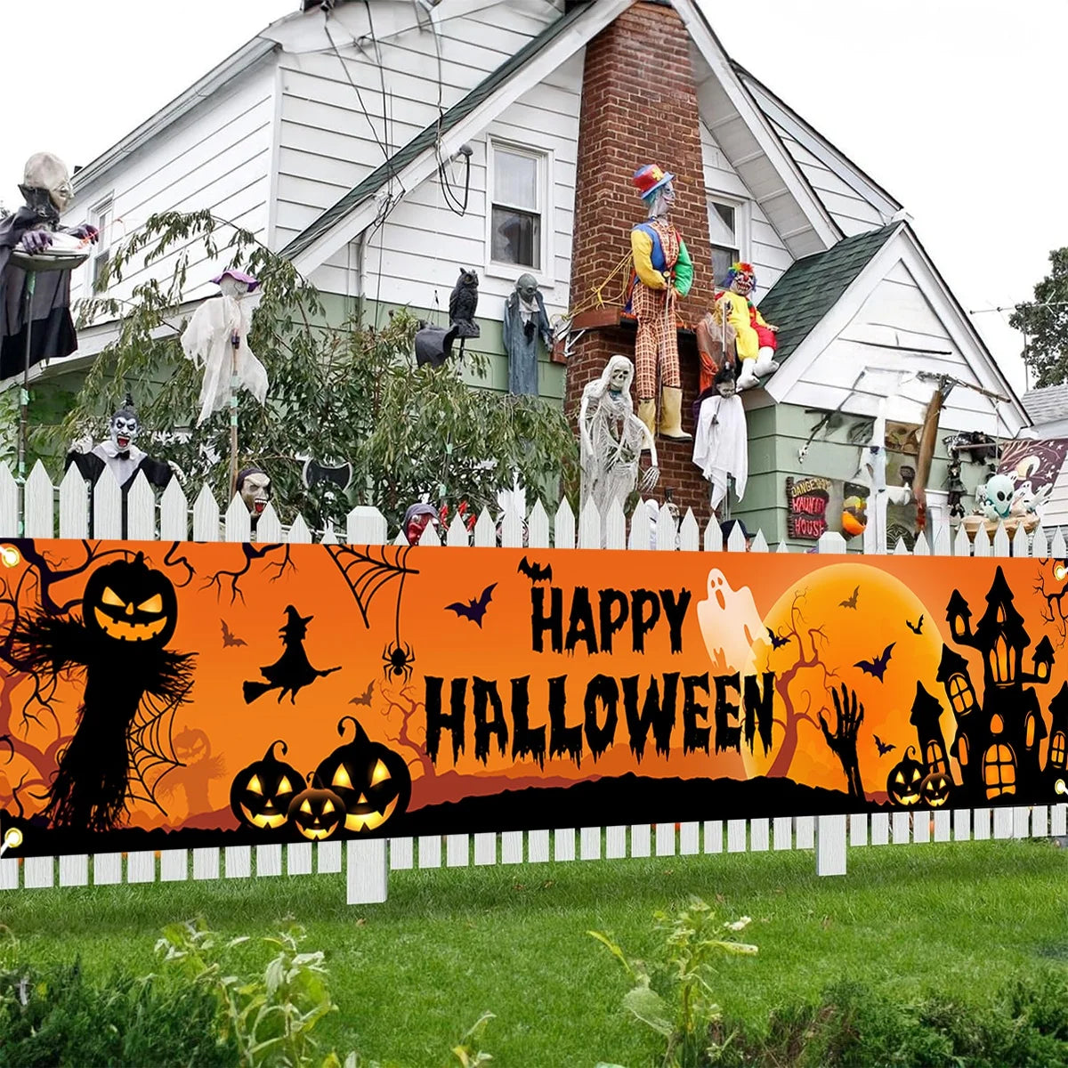Happy Halloween Outdoor Banner Happy Halloween Decoration For Home Pumpkin Bat Print Backdrop Horror Theme Party Suppiles