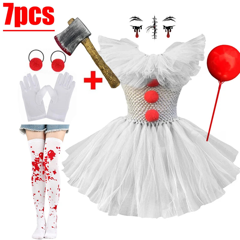 Kids Scary Clown Tutu Dress Costume Halloween Cosplay