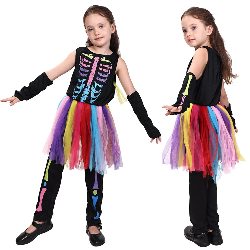 Kids Colorful Skeleton Tutu Costume Set Halloween Cosplay