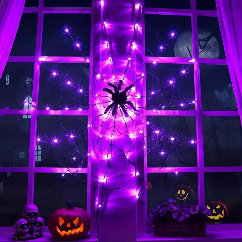 70 LED Spider Web String Lights Plush Spider Halloween Cosplay