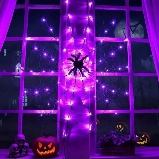 70 LED Spider Web String Lights Plush Spider Halloween Cosplay