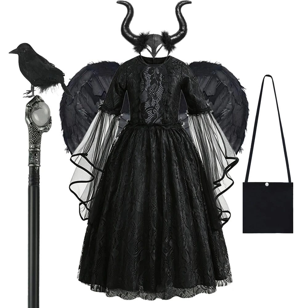 Black Witch Dress For Girls Luxury Lace Costumes
