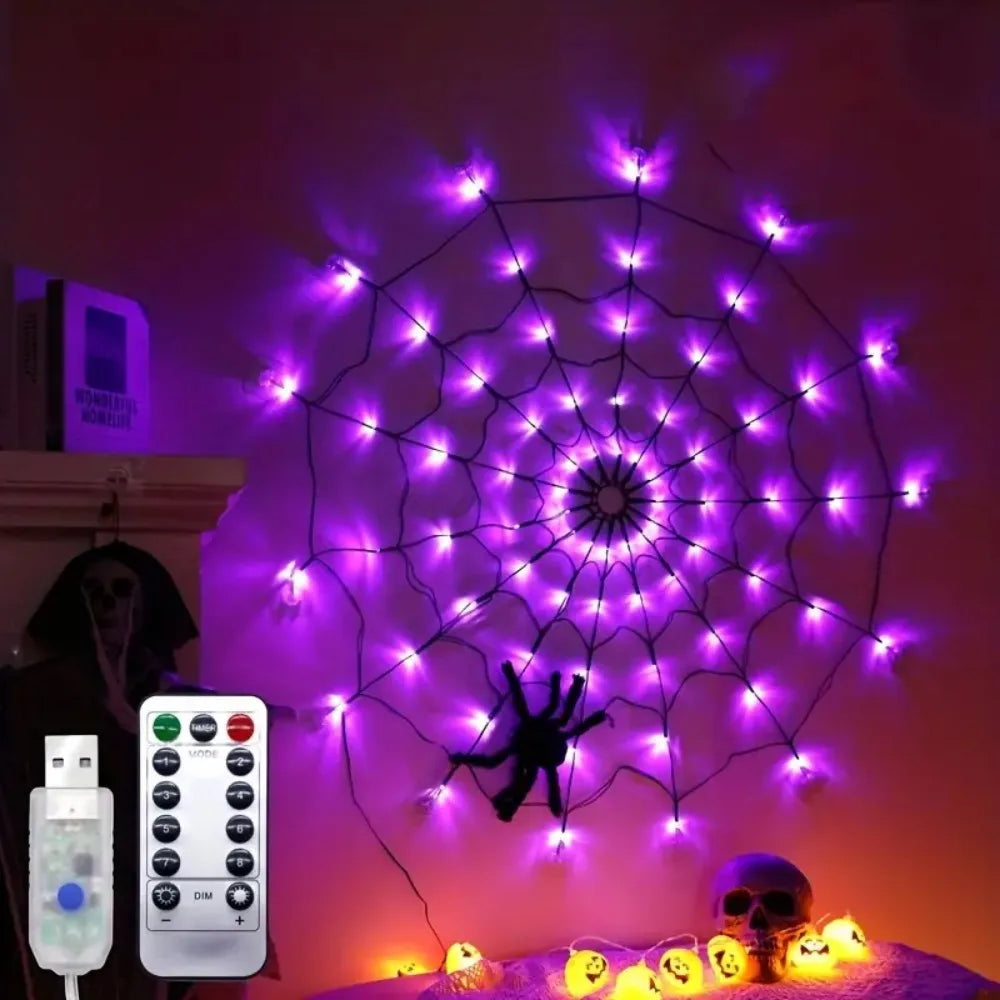 70 LED Spider Web String Lights Plush Spider Halloween Cosplay