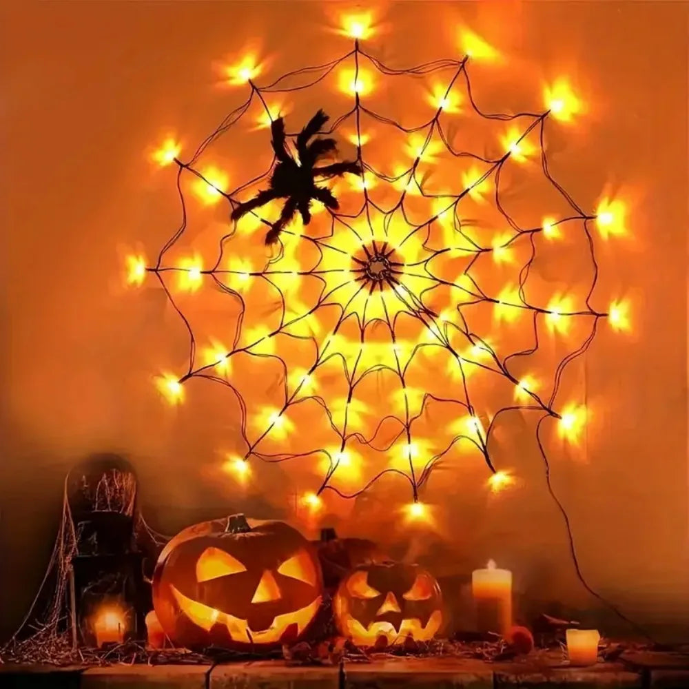 70 LED Spider Web String Lights Plush Spider Halloween Cosplay
