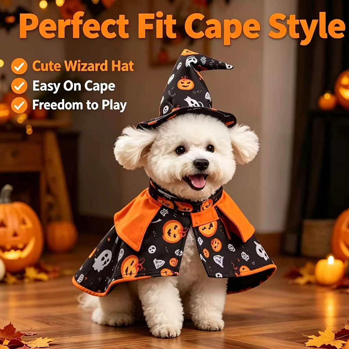 Pumpkin Wizard Cloak and Hat Cat Dog Halloween Cosplay