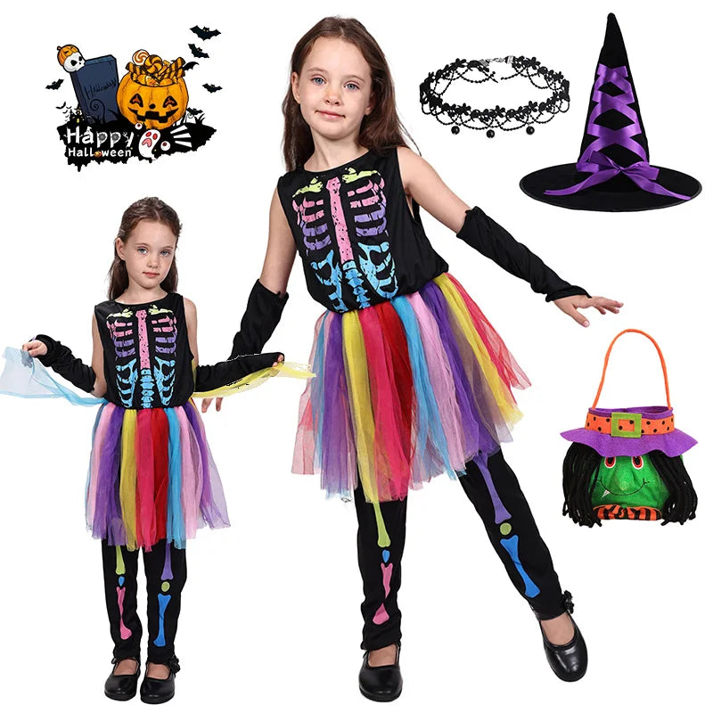Kids Colorful Skeleton Tutu Costume Set Halloween Cosplay