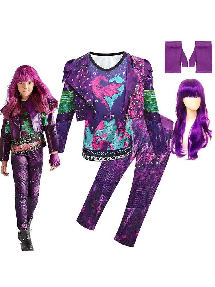 Kids Mal Evie Uniform Wig Set Halloween Cosplay