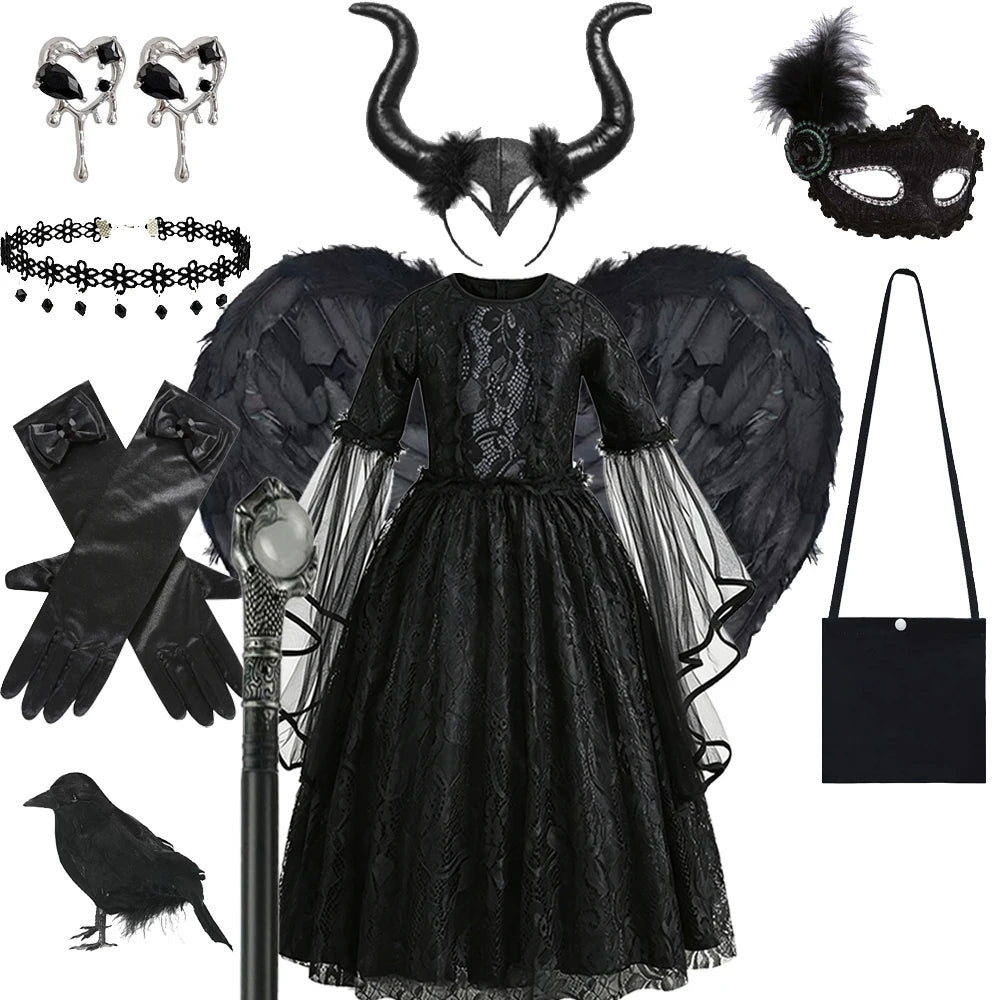 Black Witch Dress For Girls Luxury Lace Costumes