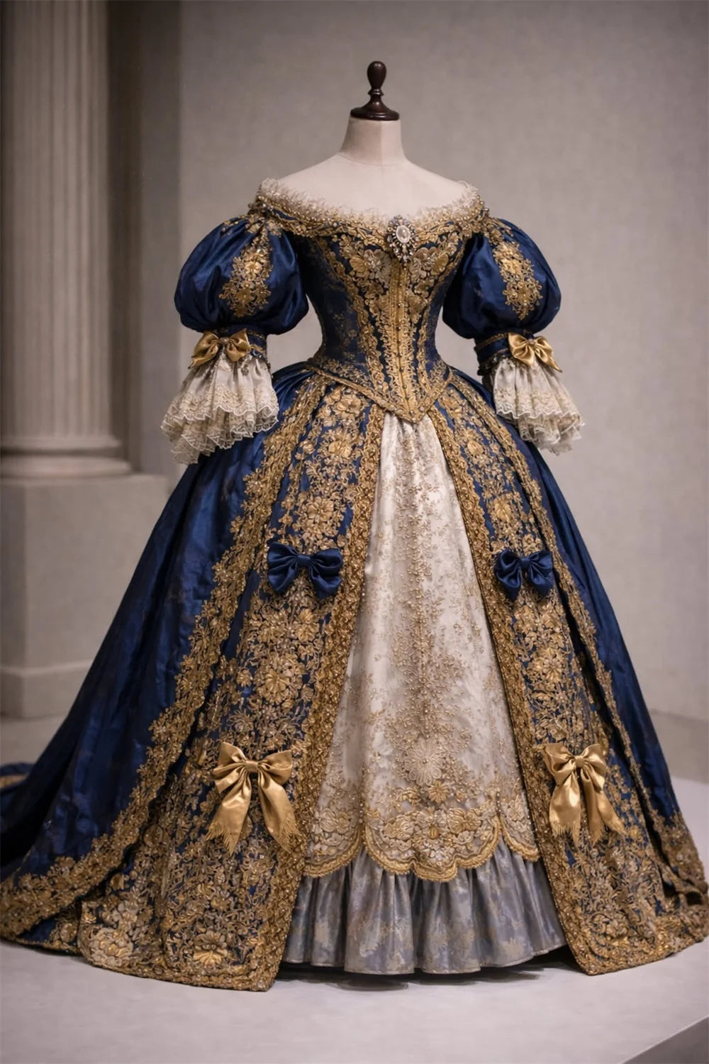 Luxurious Victorian Baroque Rococo Royal Noble French Court Princess Queen Costume Gold Lace Medieval Evening Dress Ball Gown