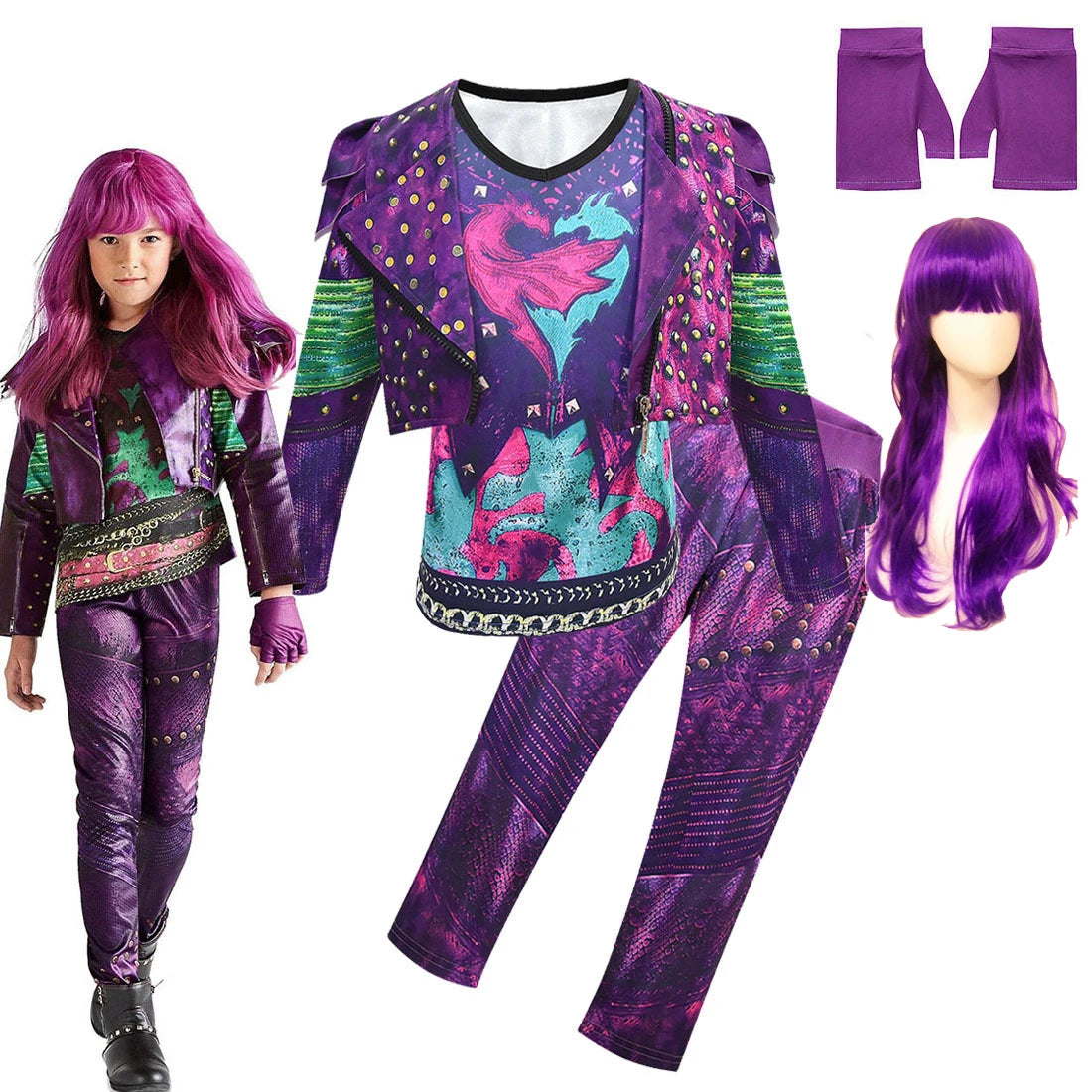 Kids Mal Evie Uniform Wig Set Halloween Cosplay