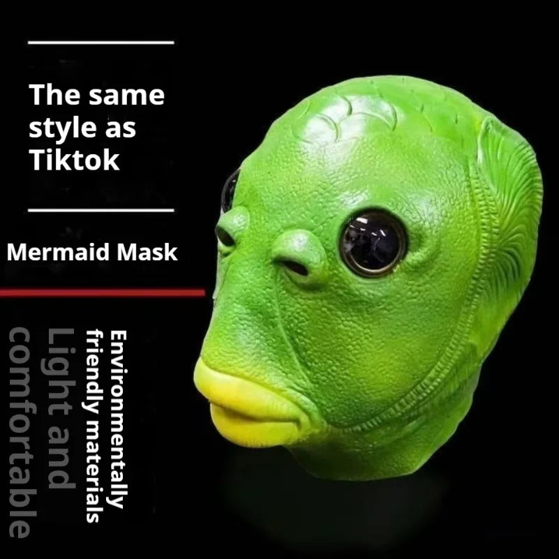 Funny Green Fish Head Latex Mask Halloween Cosplay