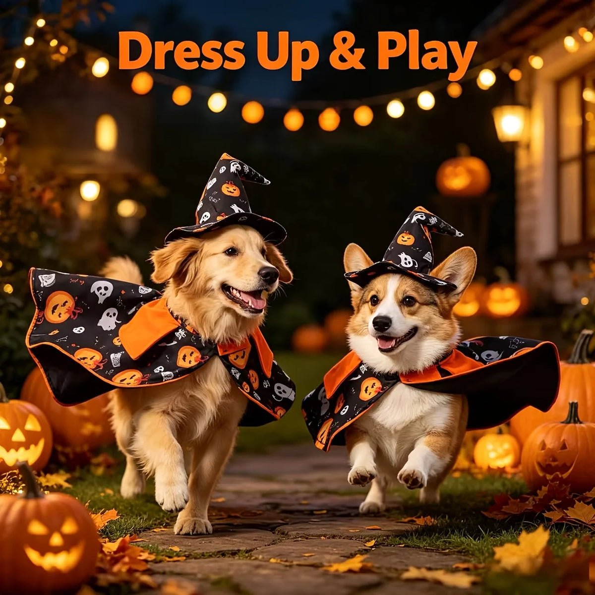 Pumpkin Wizard Cloak and Hat Cat Dog Halloween Cosplay