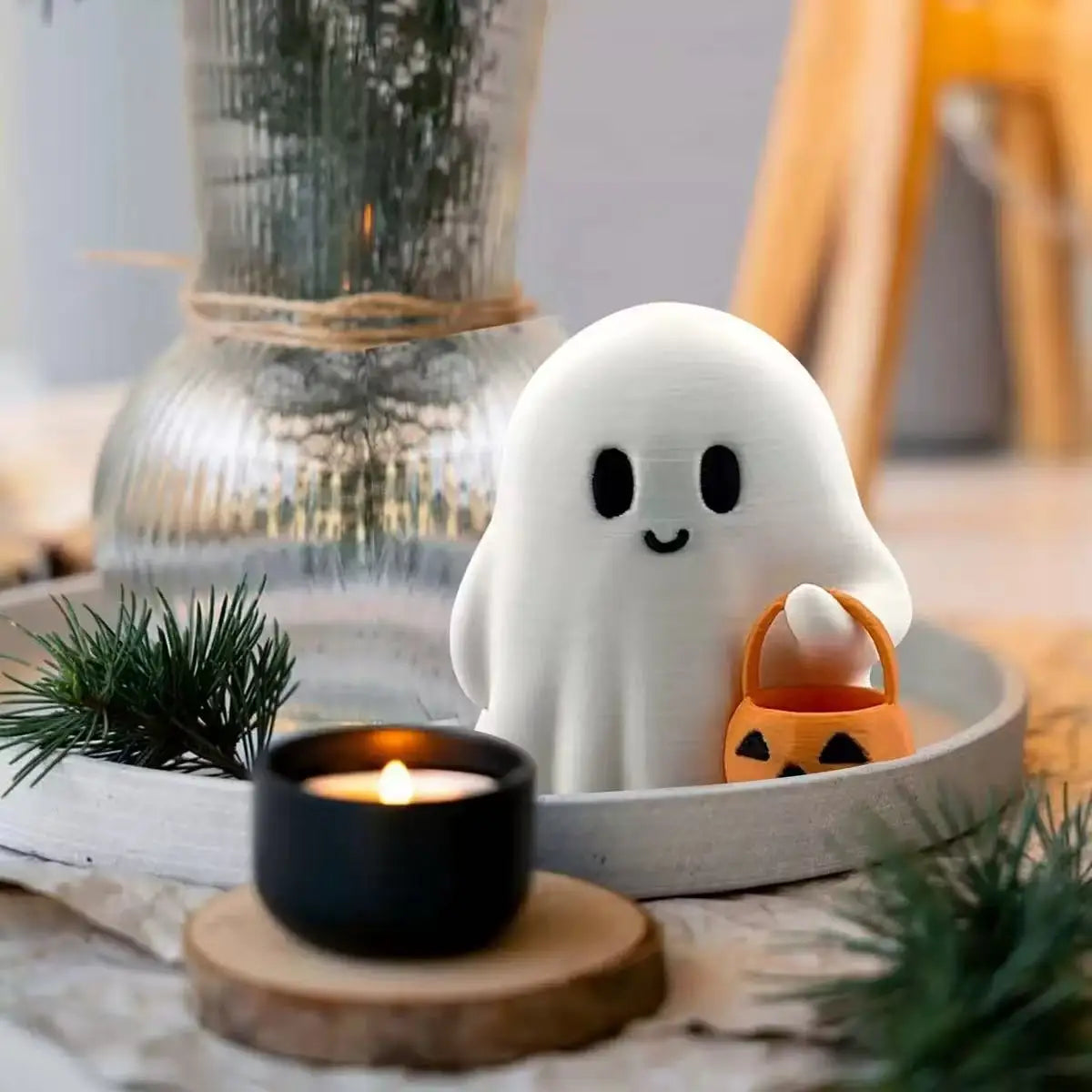 Cute Ghost with Pumpkin Bucket Figurine Halloween Cosplay