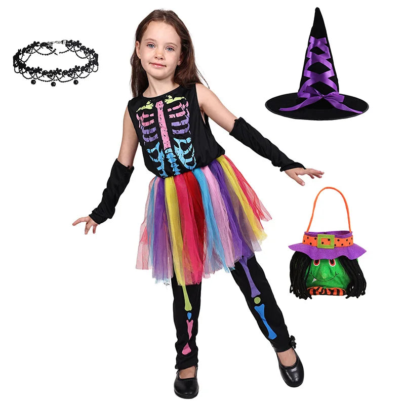 Kids Colorful Skeleton Tutu Costume Set Halloween Cosplay