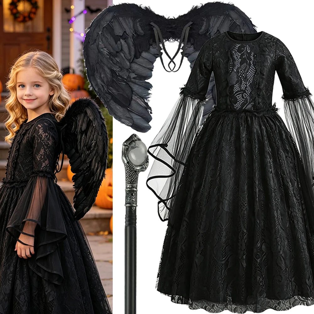 Black Witch Dress For Girls Luxury Lace Costumes