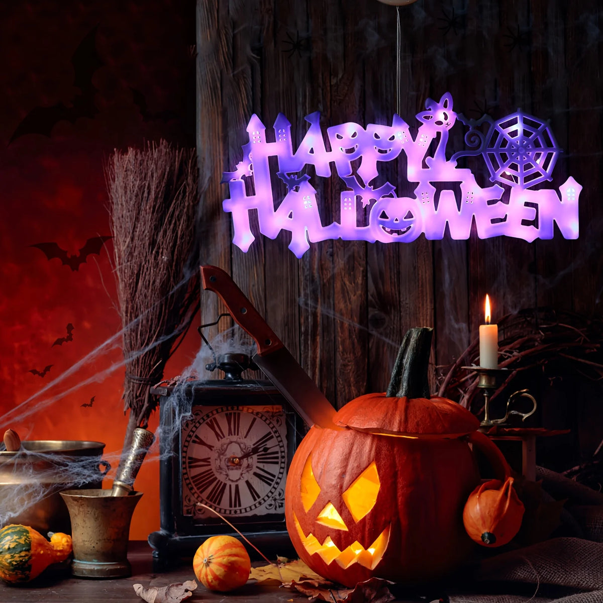 Happy Halloween Hanging Window Light Bat Spider Web Pumpkin LED Suction Cup Lamp Party Decor