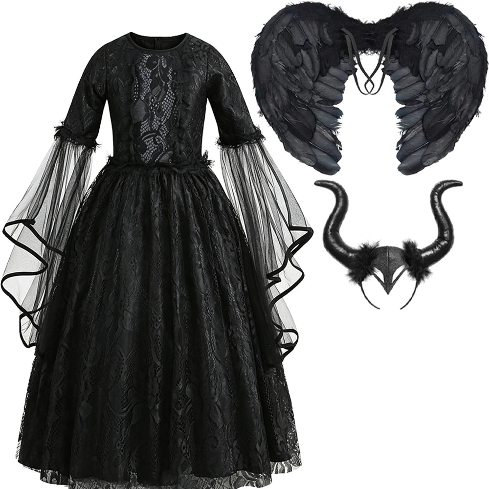 Black Witch Dress For Girls Luxury Lace Costumes