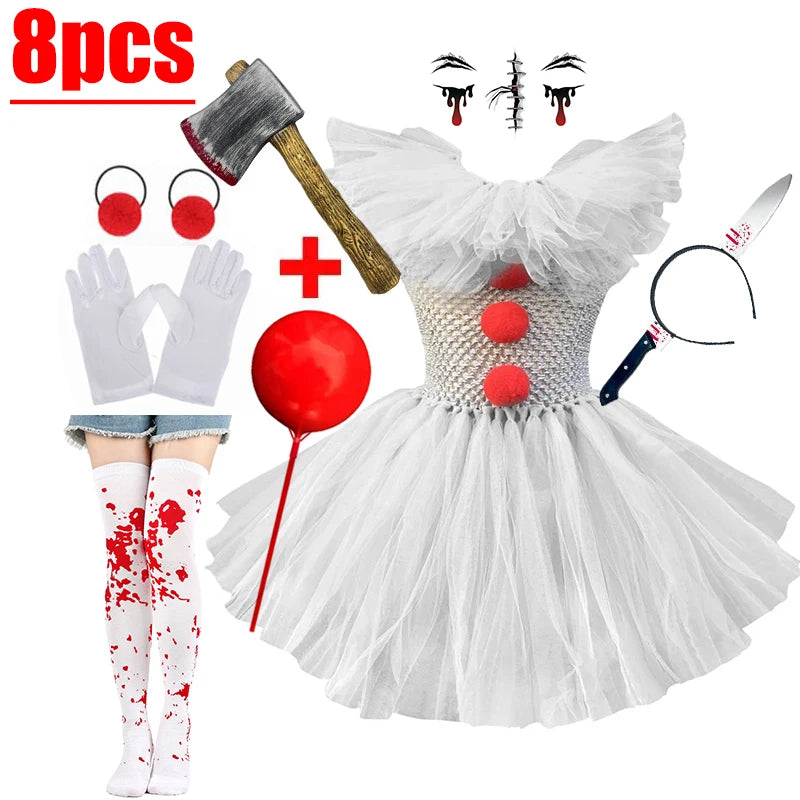 Kids Scary Clown Tutu Dress Costume Halloween Cosplay
