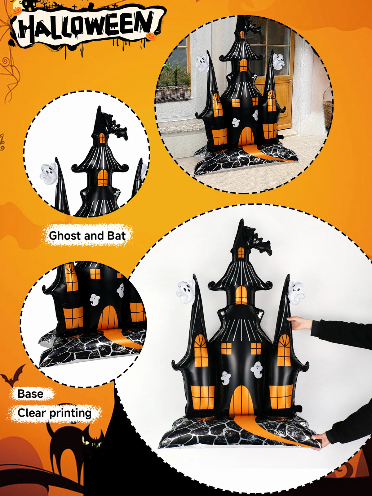 1pc Halloween 58-inch super-large haunted house castle standing aluminum foil balloon, horror Halloween, haunted house party