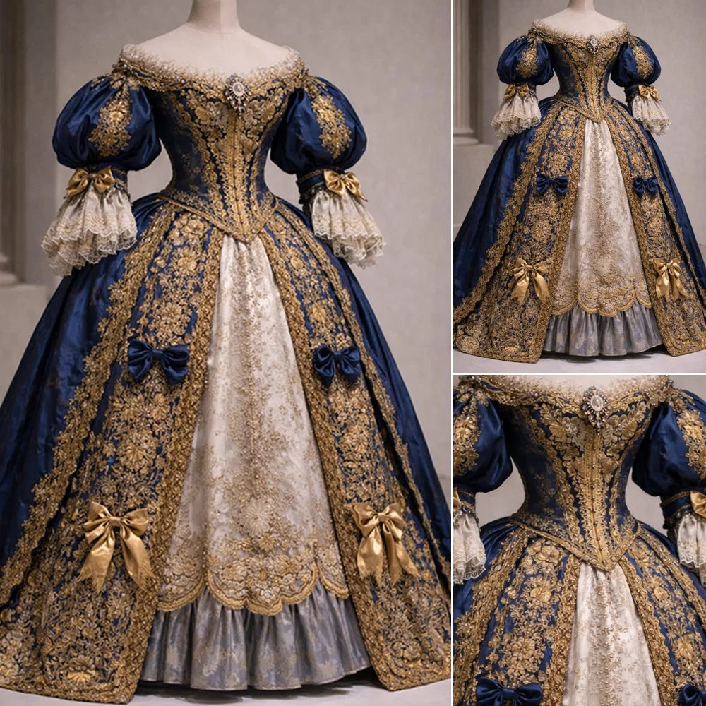 Luxurious Victorian Baroque Rococo Royal Noble French Court Princess Queen Costume Gold Lace Medieval Evening Dress Ball Gown
