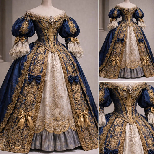 Luxurious Victorian Baroque Rococo Royal Noble French Court Princess Queen Costume Gold Lace Medieval Evening Dress Ball Gown