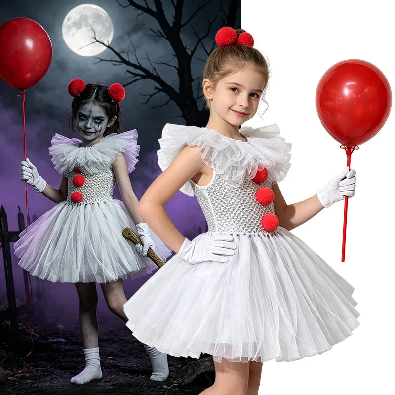 Kids Scary Clown Tutu Dress Costume Halloween Cosplay