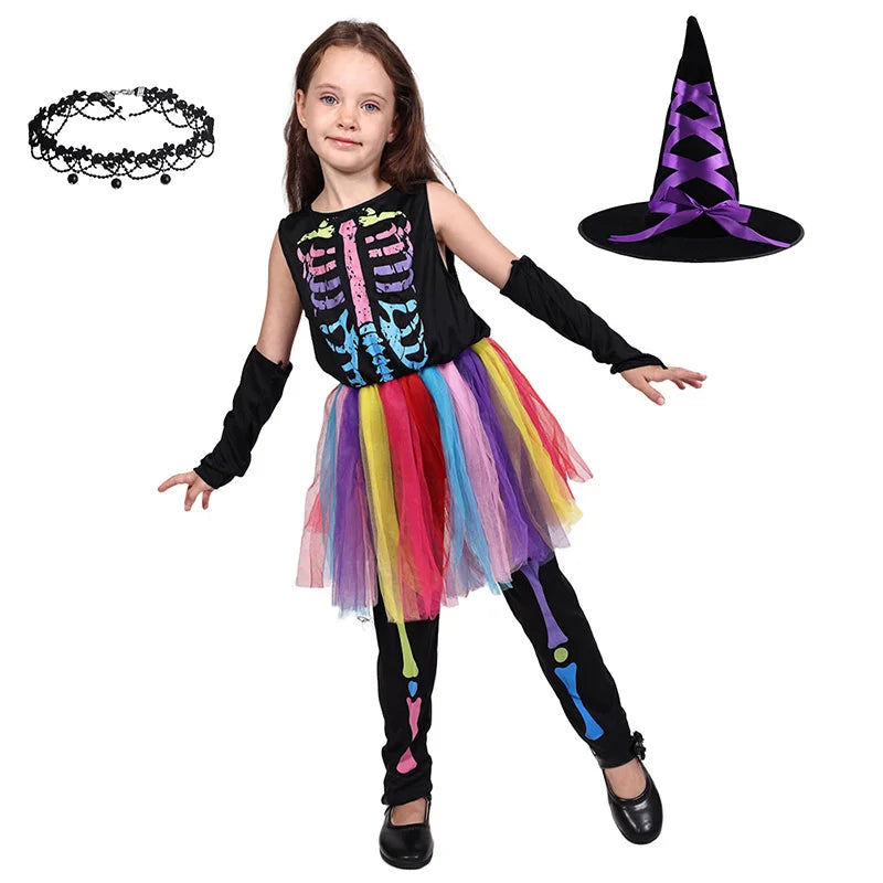 Kids Colorful Skeleton Tutu Costume Set Halloween Cosplay