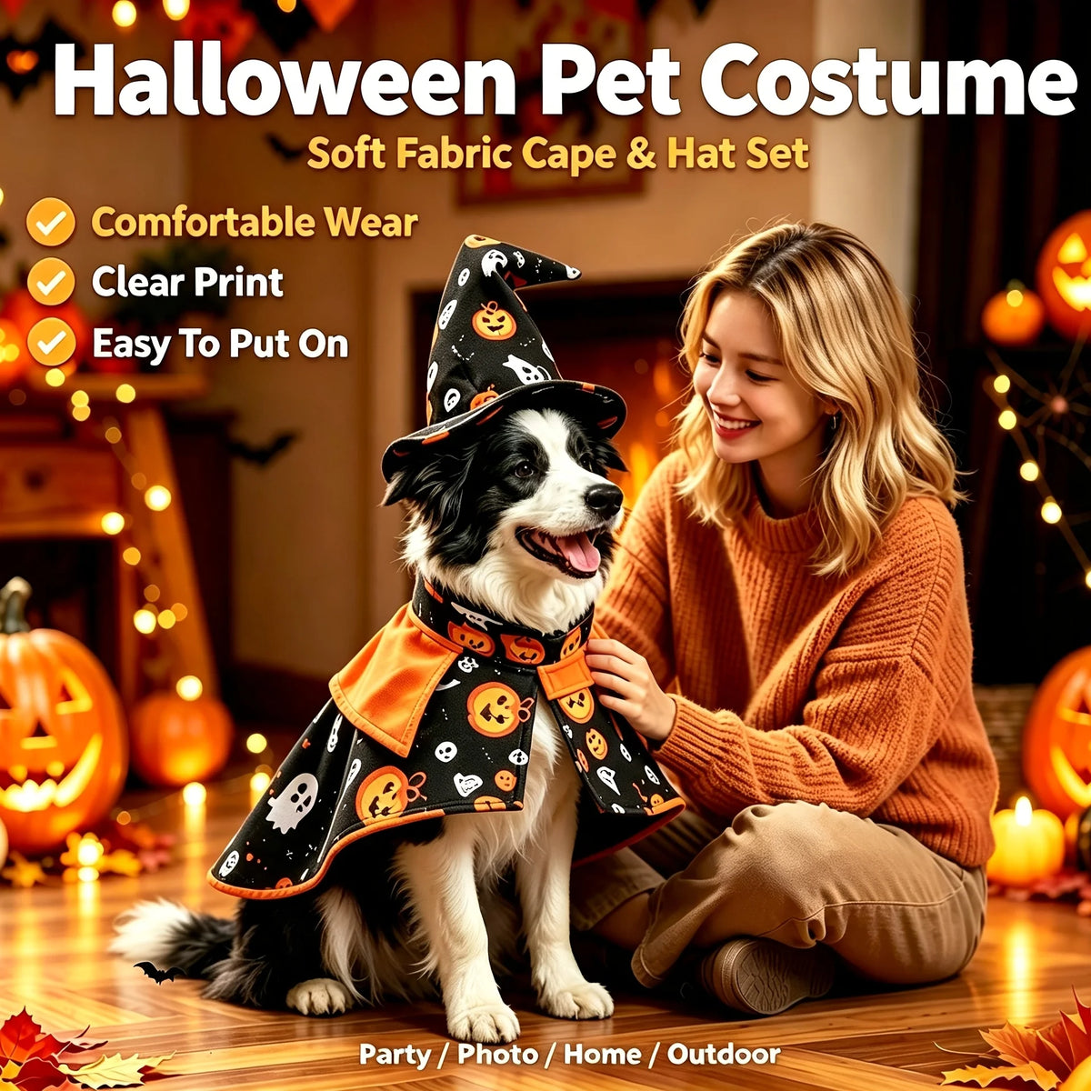 Pumpkin Wizard Cloak and Hat Cat Dog Halloween Cosplay