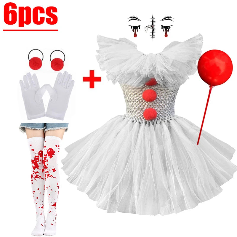 Kids Scary Clown Tutu Dress Costume Halloween Cosplay